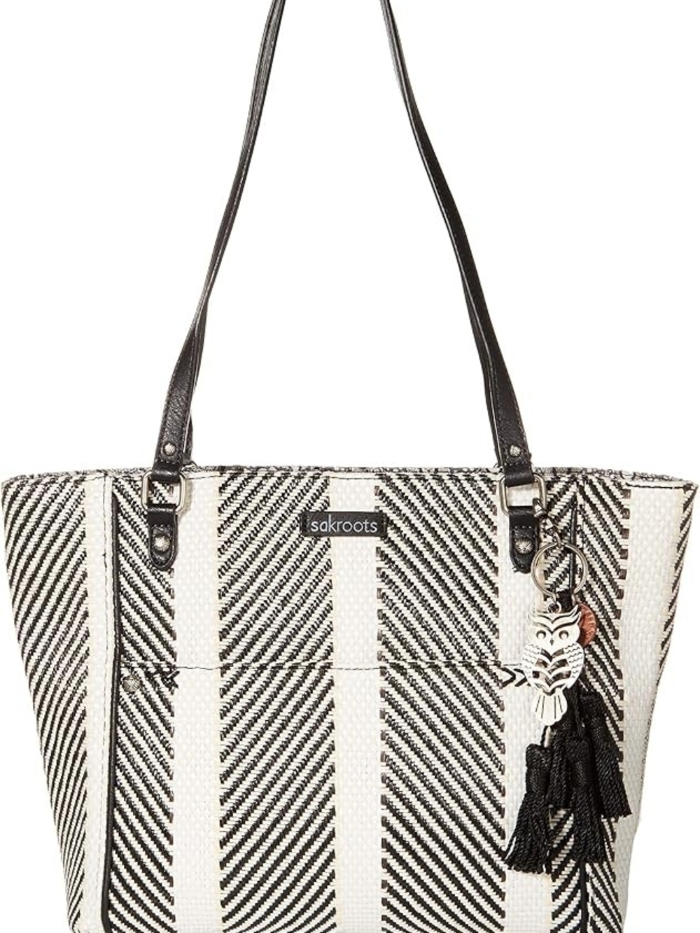 Sakroots Metro Black/White Striped Tote In Soulful Desert with Tassel Owl Charm
